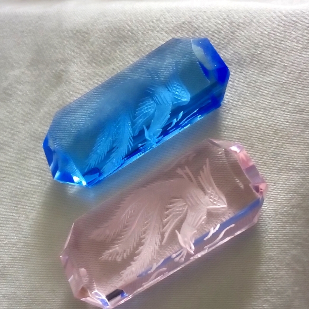 Pair of hand etched solid crystal paper weights
